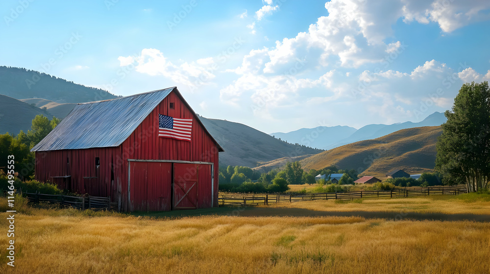 Obraz premium Red Barn in Golden Field, Mountain Landscape Illustration