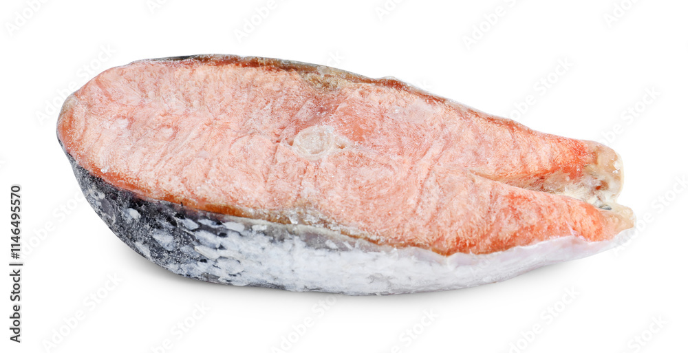 One frozen salmon steak isolated on white One frozen salmon steak isolated on white