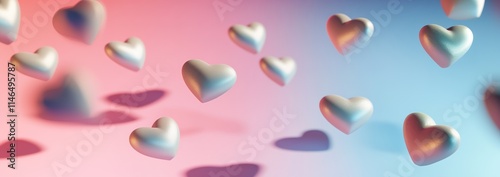 Floating hearts in pastel hues on pink-blue gradient.