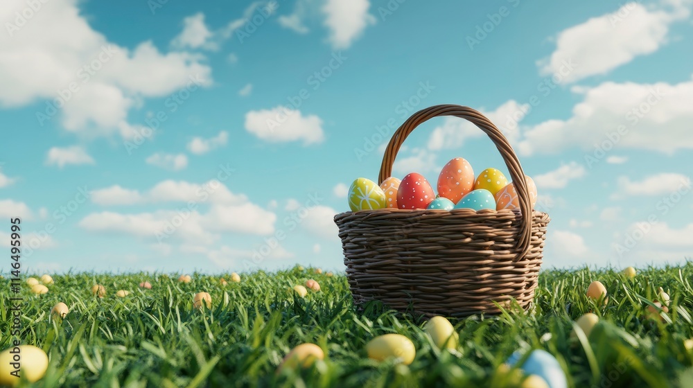 A wicker basket with colorful Easter eggs on a beautiful green meadow with blue sky. Holiday background banner. 3d render, 3d illustration A wicker basket with colorful Easter eggs on a beautiful green meadow with blue sky. Holiday background banner. 3d render, 3d illustration