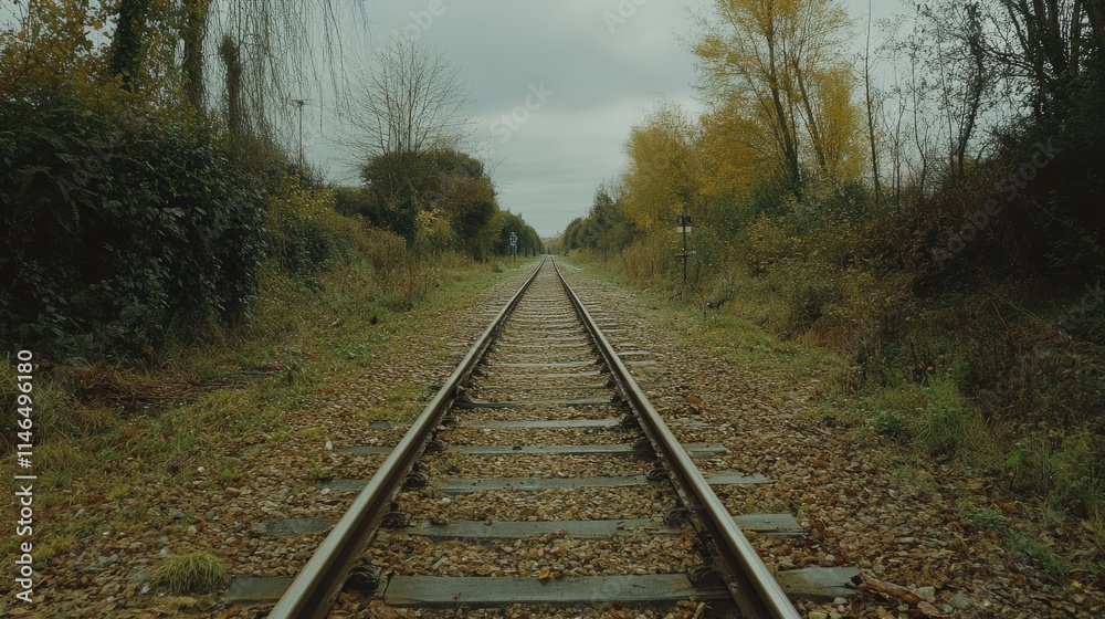Single Railway Track Through Autumnal Woods Single Railway Track Through Autumnal Woods