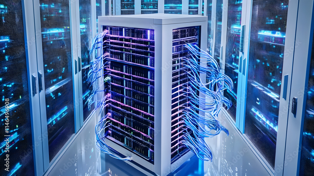 Obraz premium White and blue abstract network on server room data center 3D rendering, connection network data center room storage systems.