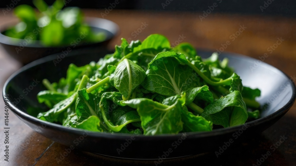 Fresh green spinach leaves in black bowl on wooden table Fresh green spinach leaves in black bowl on wooden table