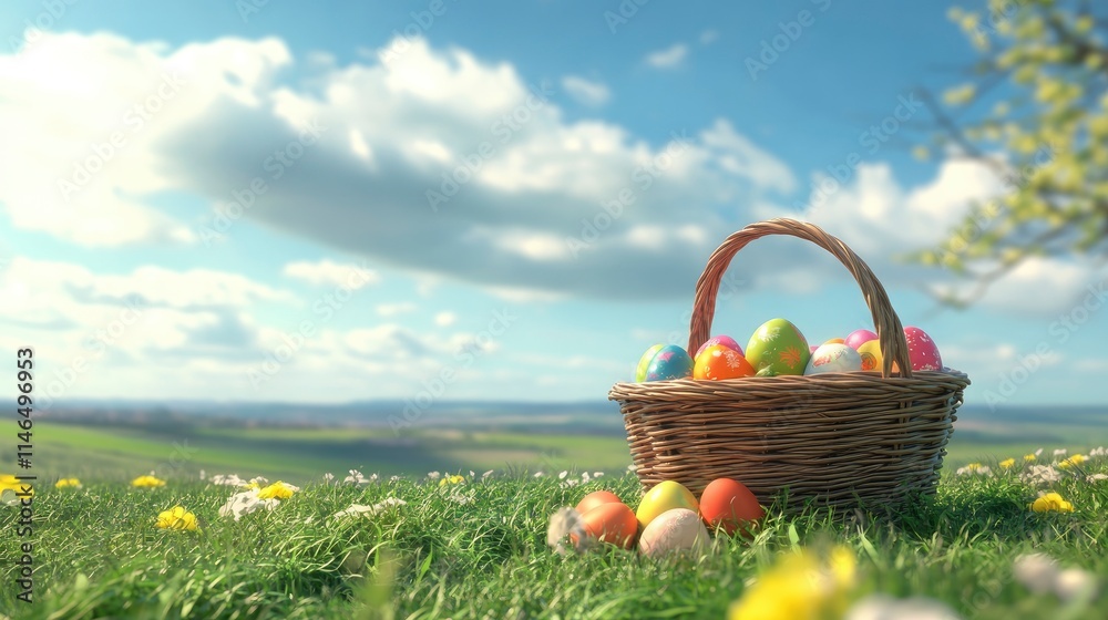 A wicker basket with colorful Easter eggs on a beautiful green meadow with blue sky. Holiday background banner. 3d render, 3d illustration A wicker basket with colorful Easter eggs on a beautiful green meadow with blue sky. Holiday background banner. 3d render, 3d illustration