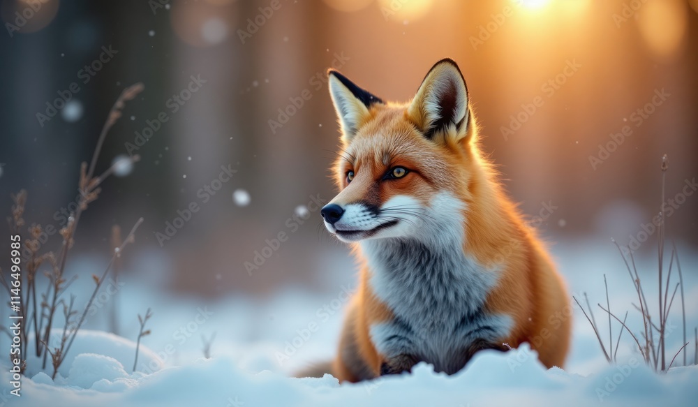 Obraz premium A close-up of a fox in a snowy forest, with its fur detailed in sharp focus, contrasted against the soft, white snow and bathed in the golden light of dusk