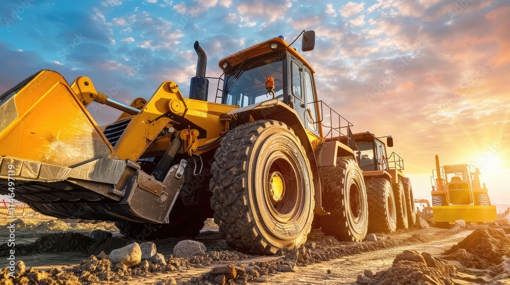 Bulldozers at Sunrise on Construction Site Bulldozers at Sunrise on Construction Site