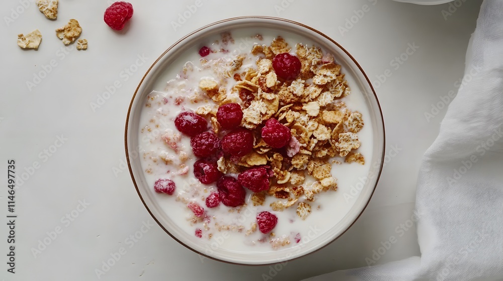 Healthy breakfast bowl with raspberries and granola home kitchen food photography bright and fresh close-up view Healthy breakfast bowl with raspberries and granola home kitchen food photography bright and fresh close-up view