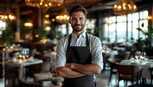 Man working in a high end gourmet five star restaurant with apron chef host server waiter in front of tables and chairs with string lights photo