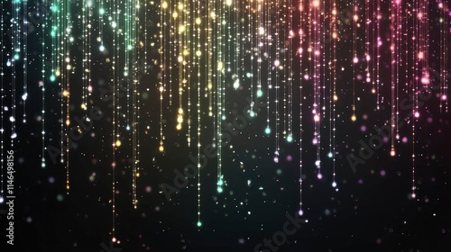Abstract vertical lines of gold, white, red, purple, green light glow on a transparent background. Garlands hang vertically, falling confetti lights, bokeh, sparkles png. 