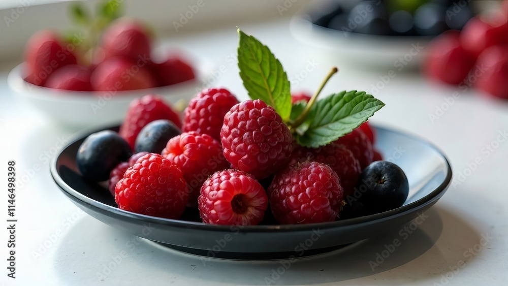 Fresh berries and mint leaves on a plate in natural light Fresh berries and mint leaves on a plate in natural light