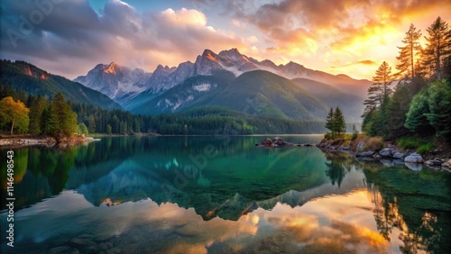 Summer Sunrise Over Eibsee Lake with Zugspitze Mountain. Scenic Natural Landscape Background