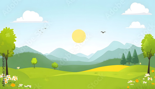 Sunny Day Landscape with Rolling Green Hills and Trees