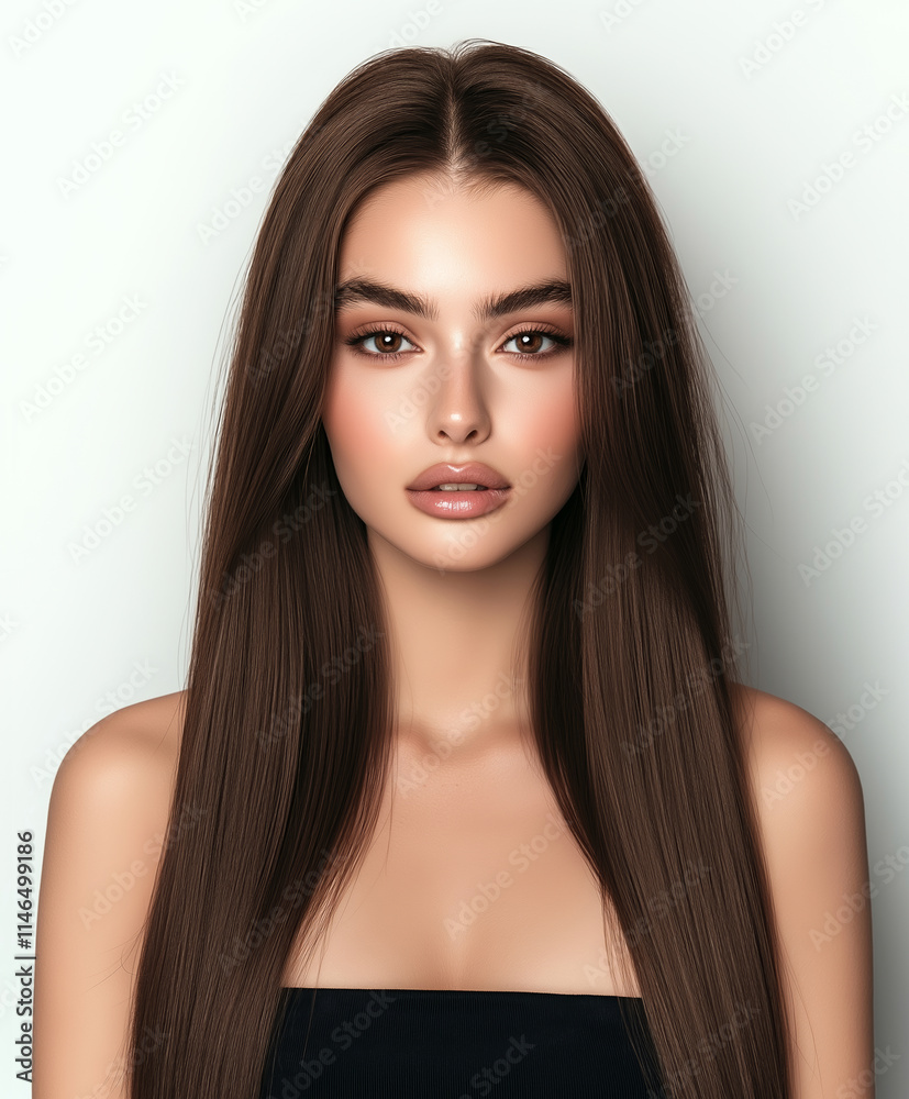 Naklejka premium Beautiful woman with long straight dark brown hair and delicate makeup