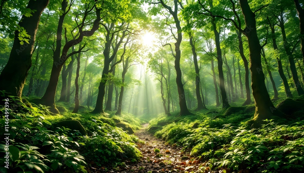 Obraz premium Enchanted Forest Landscape with Brilliant Sun Rays Piercing Through Trees onto Lush Green Undergrowth