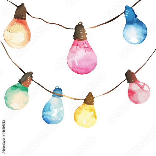 A watercolor vector of a string of colorful beach lights, isolated on a white background. Beach lights vector.
