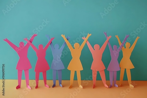 Vibrant Teal Paper Cutout Figures Celebrating Togetherness photo