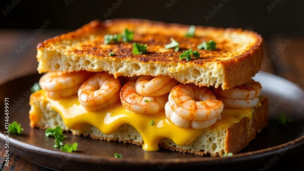 Grilled shrimp and cheese sandwich with fresh parsley garnish on rustic plate Grilled shrimp and cheese sandwich with fresh parsley garnish on rustic plate