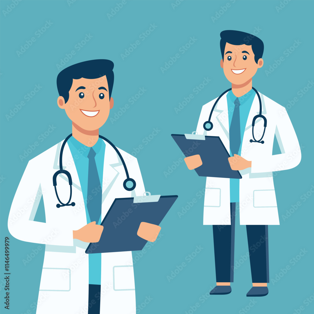Vector illustration of a doctor holding a clipboard, smiling warmly on a solid light teal background Vector illustration of a doctor holding a clipboard, smiling warmly on a solid light teal background