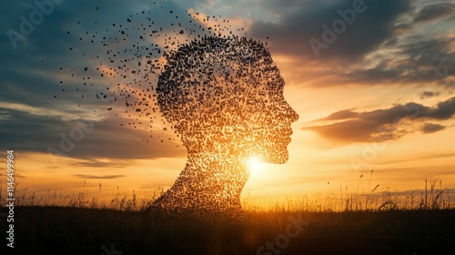 Silhouette of a Human Head Disintegrating at Sunset with Sky Background