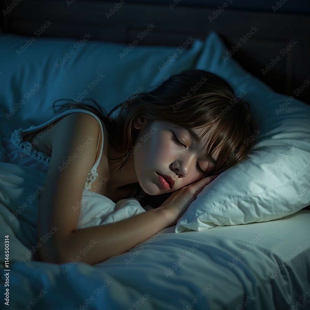 Serene Sleep of a Woman in Moonlit Bedroom Serene Sleep of a Woman in Moonlit Bedroom