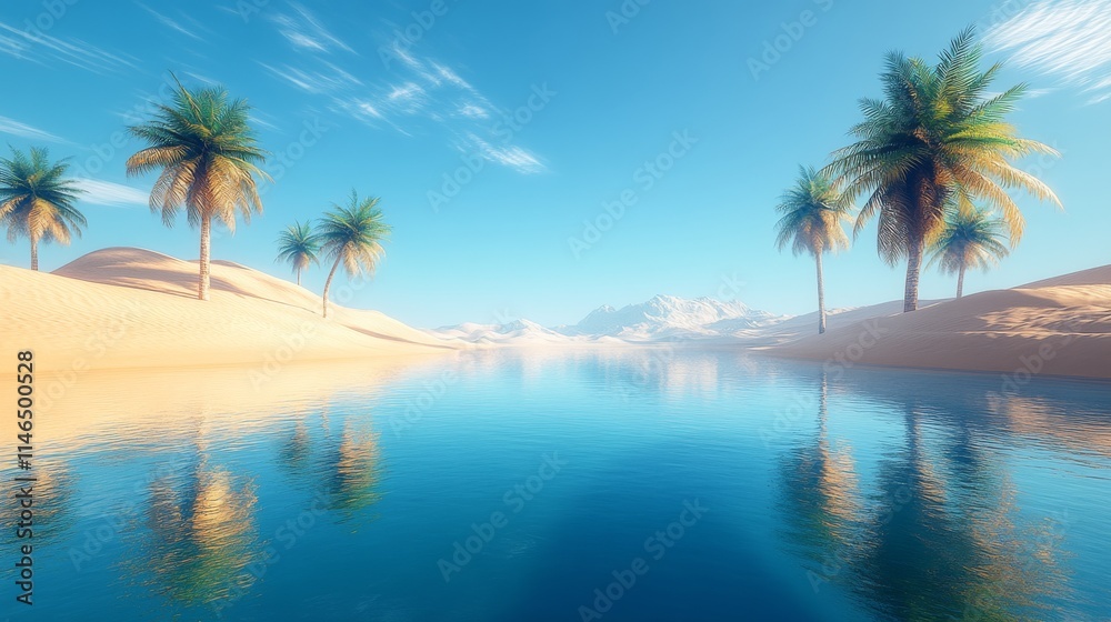 Serene Oasis Palm Trees Desert Landscape Water Reflection Serene Oasis Palm Trees Desert Landscape Water Reflection