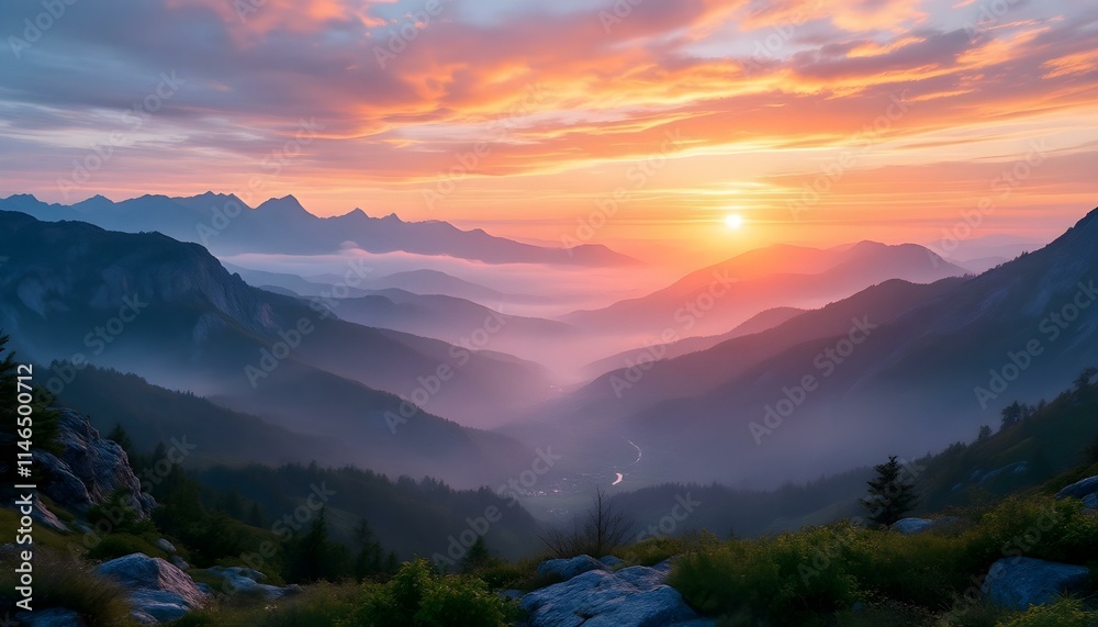 Obraz premium Breathtaking Mountain Range Landscape with Dramatic Sunset Sky and Misty Valley Views 