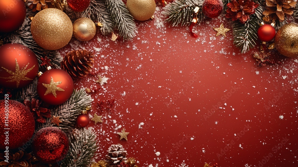 A red background with a bunch of Christmas decorations including snowflakes and pine cones A red background with a bunch of Christmas decorations including snowflakes and pine cones