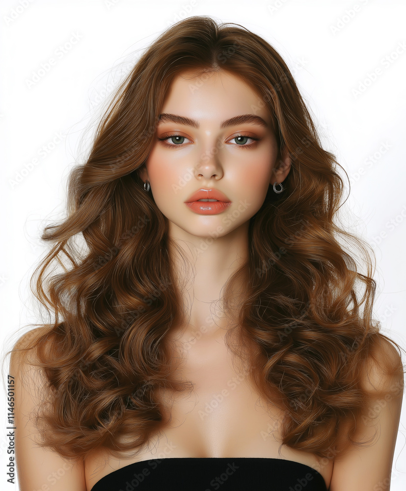 Fototapeta premium Beautiful brown curly-haired woman with delicate makeup