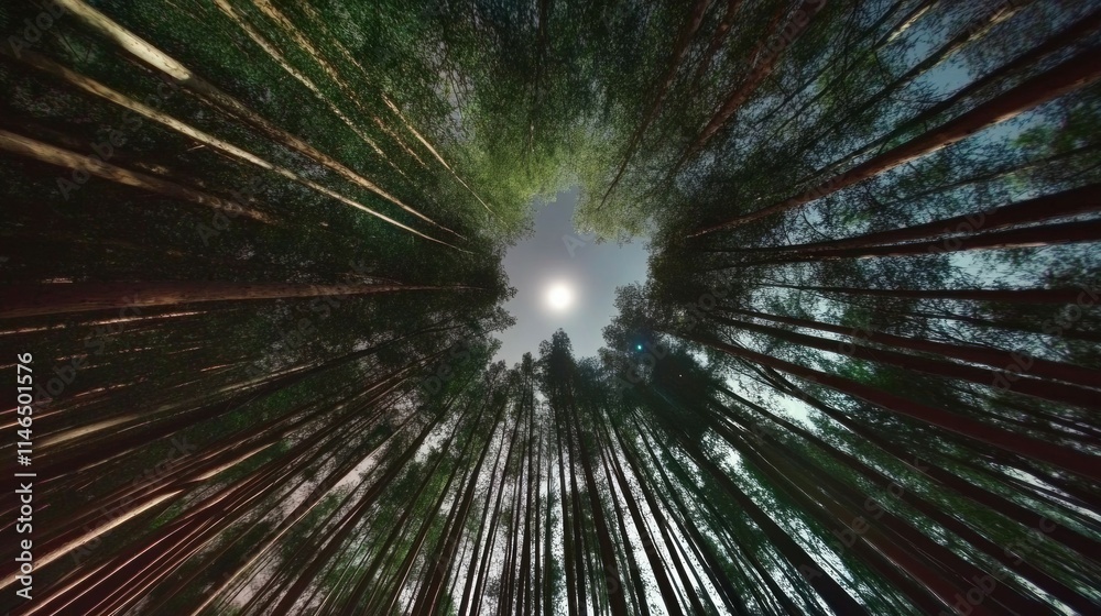 A serene forest with green trees stretching towards the clear sky on a full moon night, showcasing the beauty of nature A serene forest with green trees stretching towards the clear sky on a full moon night, showcasing the beauty of nature