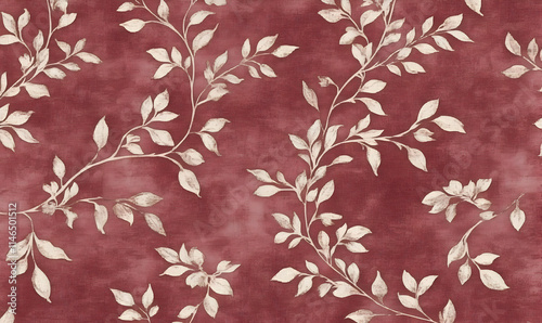 A decorative pattern featuring delicate leaves on a textured burgundy background.
