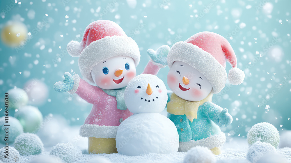 Two snowmen holding a snowman and smiling Two snowmen holding a snowman and smiling