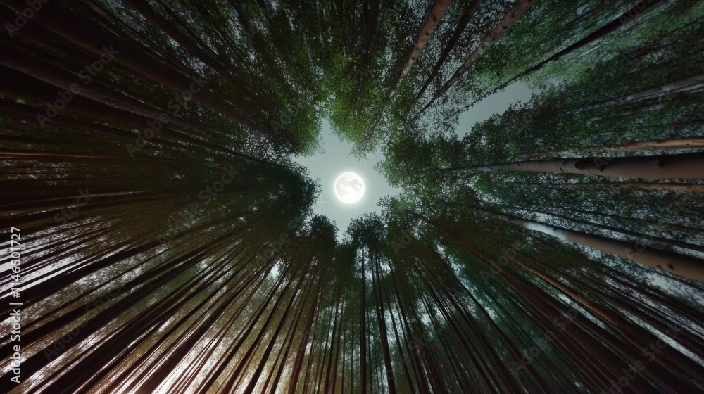 A serene forest with green trees stretching towards the clear sky on a full moon night, showcasing the beauty of nature A serene forest with green trees stretching towards the clear sky on a full moon night, showcasing the beauty of nature