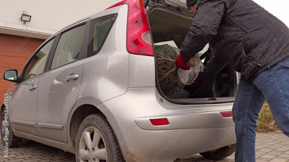 A man unloads a freshly bought netted Christmas tree from the trunk of a car, preparing for the festive season A man unloads a freshly bought netted Christmas tree from the trunk of a car, preparing for the festive season