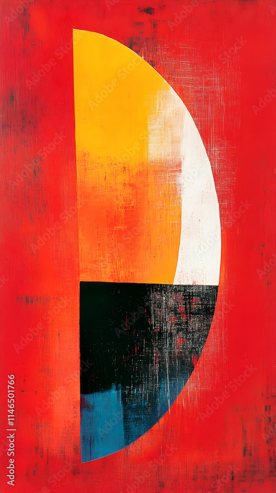 Naklejka premium Abstract artwork featuring bold colors and geometric shapes on a vibrant red background.