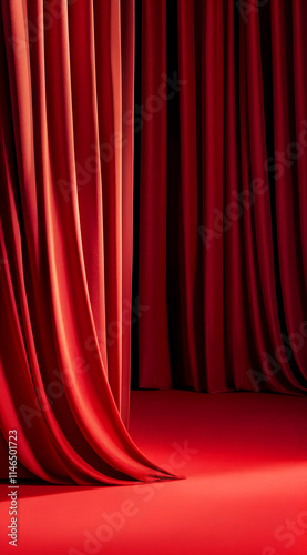 A vibrant red curtain drapes elegantly, suggesting a theatrical or performance setting.