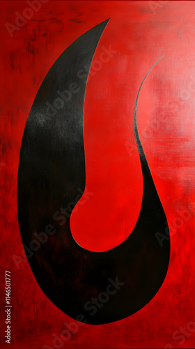 Abstract artwork featuring a bold black shape on a vibrant red background.