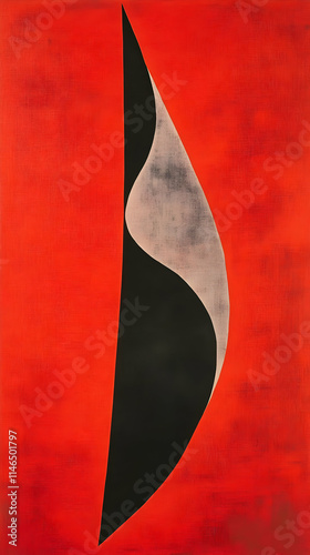 Abstract composition featuring a curved shape against a vibrant red background.