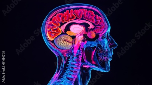 Human Brain Anatomy X-Ray with Skull and Skeleton