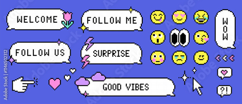 Pixel speech bubble messages. Like, Welcome, Follow social media web interface button, sticker or badge. 8bit game arcade speech bubble. Y2k dialogue balloon vector icons set. Game abstract elements