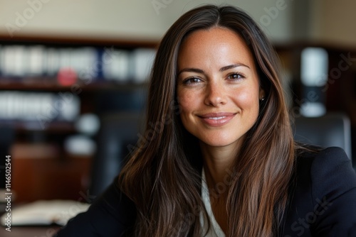 A poised businesswoman smiling confidently in a sleek modern office, representing professionalism, ambition, and empowerment in the contemporary corporate world.