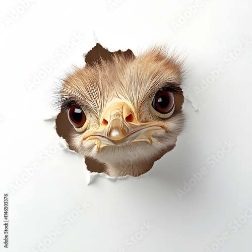 Adorable Ostrich Chick Peeking Through a Paper Tear with a Playful and Curious Expression, Perfect for Humorous or Creative Designs photo