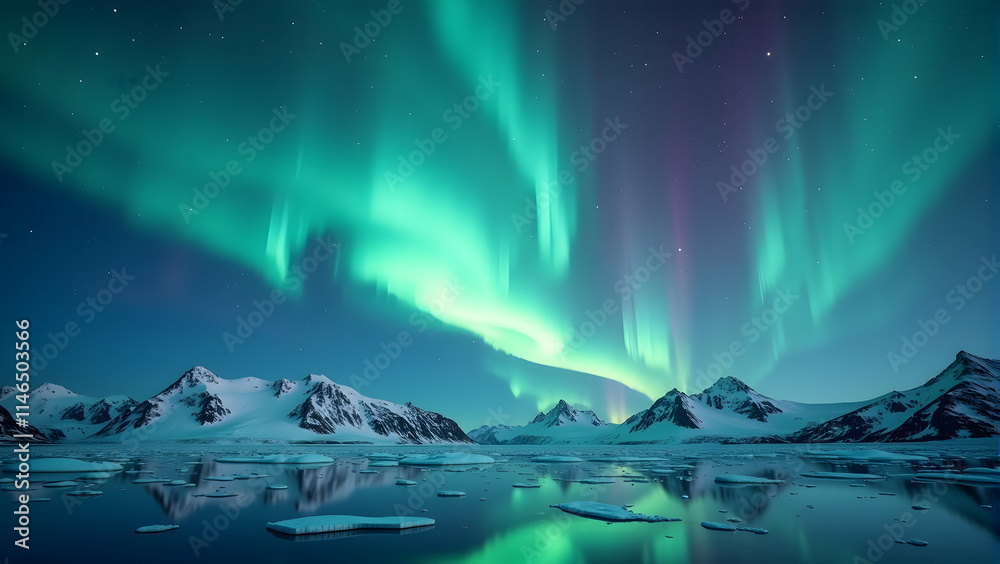 Mesmerizing aurora borealis dances across a serene Arctic landscape, painting the sky with vibrant greens and purples. Frozen waters reflect the celestial show. Mesmerizing aurora borealis dances across a serene Arctic landscape, painting the sky with vibrant greens and purples. Frozen waters reflect the celestial show.