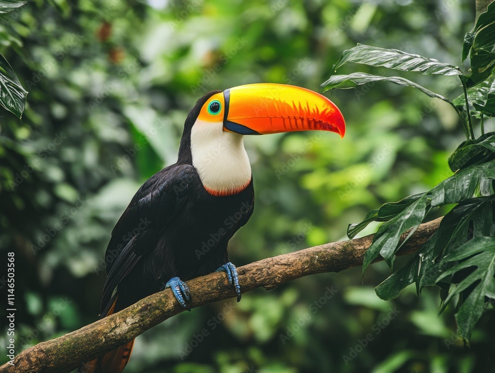 Naklejka premium Toucan with a bright beak sitting on a branch in the jungle.
