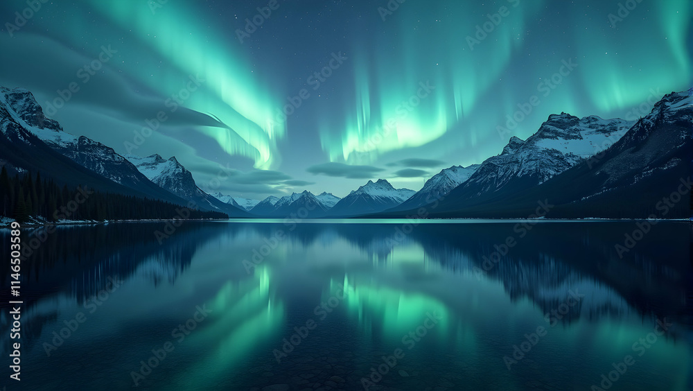 Enthralling aurora borealis dances above a tranquil lake, its ethereal glow mirrored in the still waters, creating a breathtaking spectacle against the snow-capped mountains. Enthralling aurora borealis dances above a tranquil lake, its ethereal glow mirrored in the still waters, creating a breathtaking spectacle against the snow-capped mountains.