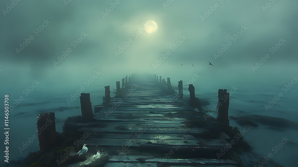 Obraz premium Mystical moonlit pier extending into foggy water, birds flying overhead.