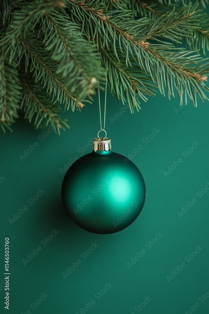 Green christmas ball hanging from fir tree branch on green background Green christmas ball hanging from fir tree branch on green background
