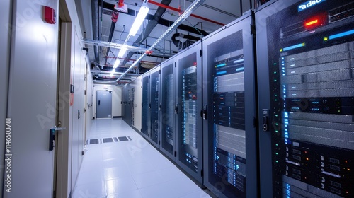 A Modern Data Center Corridor Showcasing High-Tech Server Racks