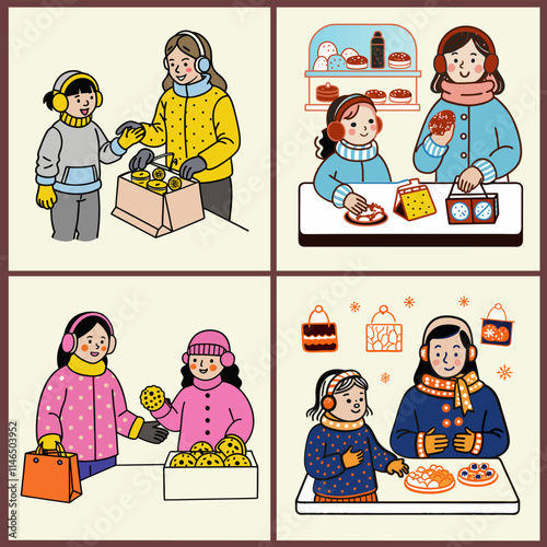 IN WINTER THE SHOPKEEPER GIVES CAKE TO A LITTLE GIRL BACKGROUND SET