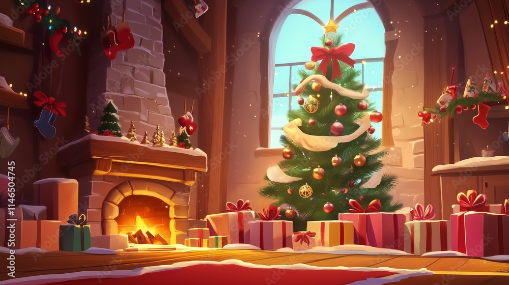 Christmas tree illuminating cozy decorated living room with fireplace Christmas tree illuminating cozy decorated living room with fireplace