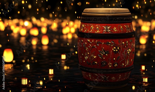 Ornate red drum with golden detail, candle light background. photo